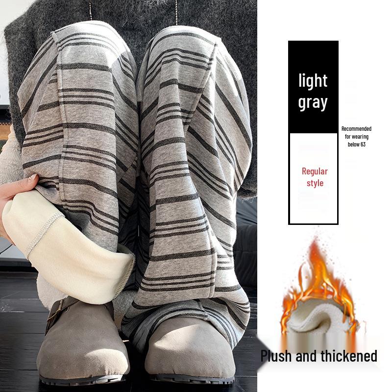 Women's High-Waist Fleece-Lined Striped Wide-Leg Pants for Autumn and Winter