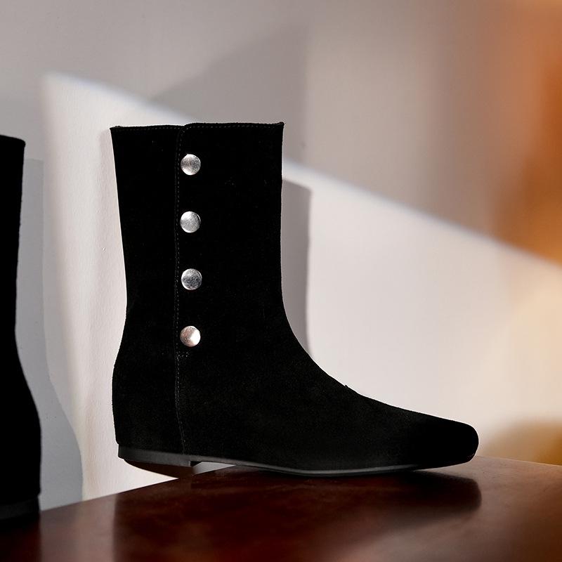 

Женские замшевые ковбойские ботильоны 2695-3: Квадратный носок, Плоский каблук, Широкое голенище, 4 см скрытый каблук, Универсальный воротник 35 чёрный