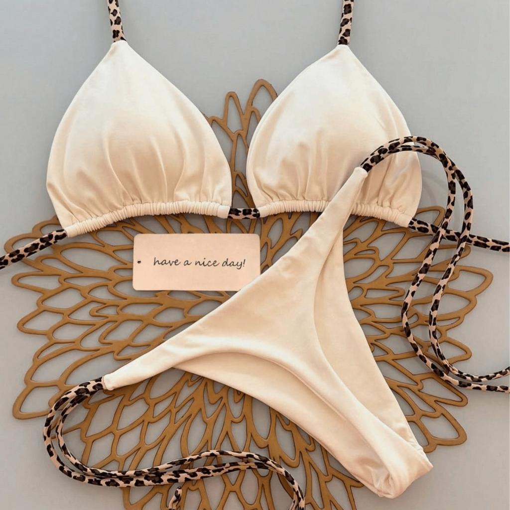 Ladies' Fashion Leopard Print Lace Up Bikini Swimsuit, Beach Vacation Set