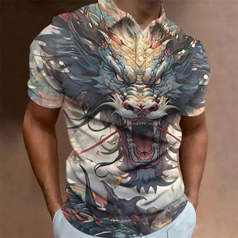 Dragon Pattern Polo Shirt for Men Animal 3D Printed T-Shirts Outdoor Fashion Casual Loose Oversized Street Lapel Top Button Tees