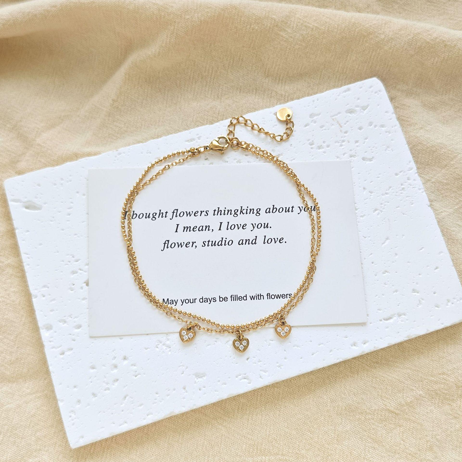 European Gold Double Layer Zirconia Heart Anklet for Women - Elegant Daily Wear, Personalized Foot Jewelry.