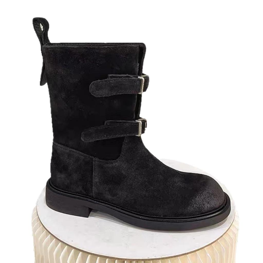 Sheepskin Version~ Retro Polished Belt Buckle Western Cowboy Boots Slim Short Boots Women's Maillard Martin Boots Locomotive Boots