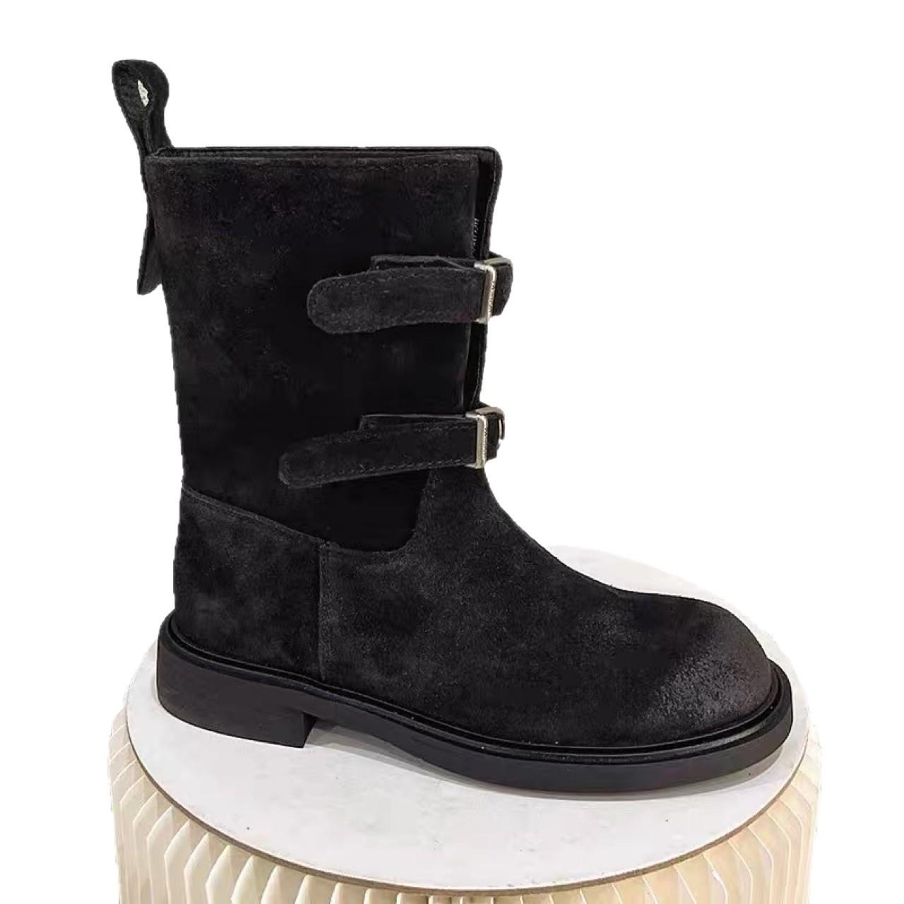 

Sheepskin version~ retro polished belt buckle western cowboy boots slim short boots women s Maillard Martin boots locomotive boots 35