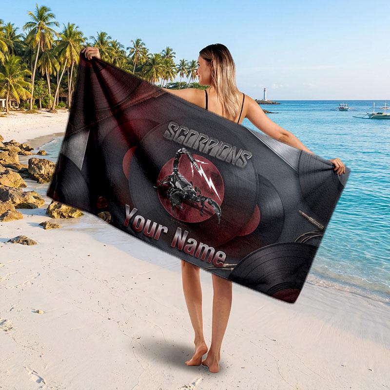 Scorpions Customized Name Text Beach Towel, Soft Absorbent Towel Beach Pool Travel Personal Gift