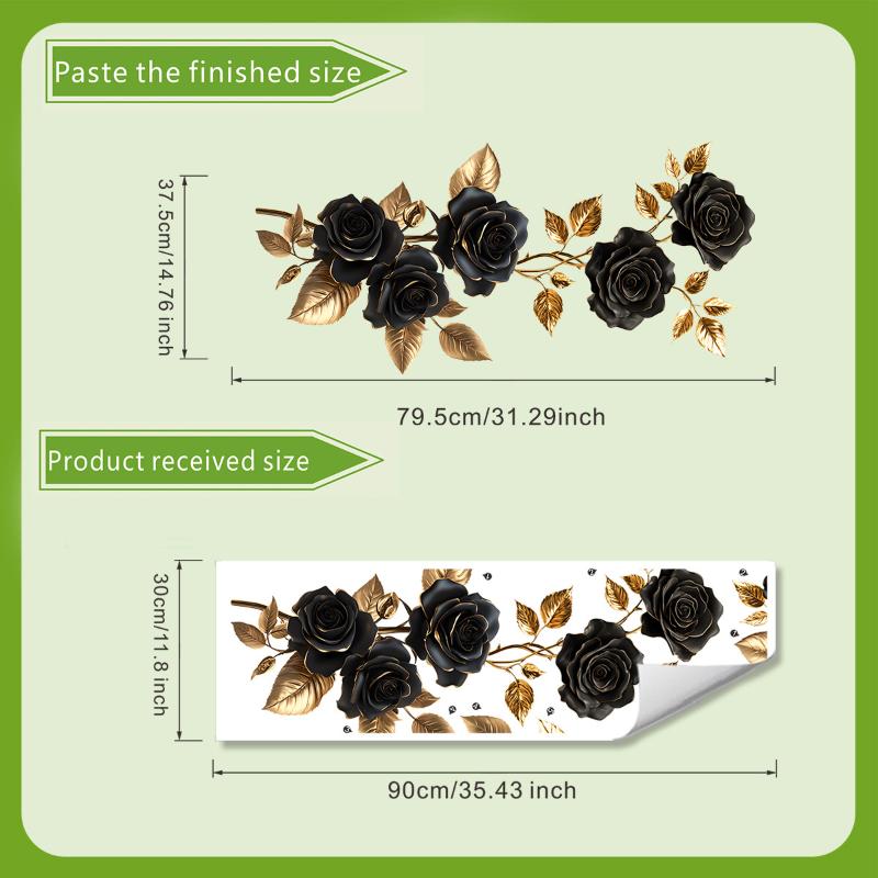 

§Black Rose Flower Wall Stickers Removable Simplicity Floral Golden Leaf Art Wall Decals Peel And Stick Murals For Living Room