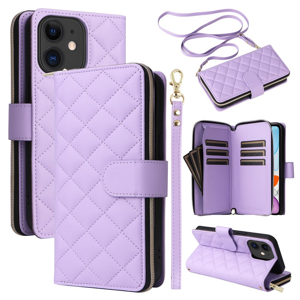 For iPhone 11 Case Leather Zipper Wallet Rhombus Phone Cover with Shoulder Lanyard