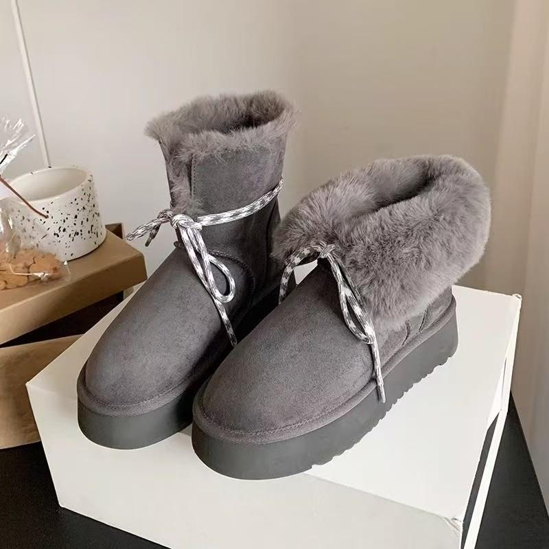 Damen Winterstiefel mit dickem Absatz, lockigem Fell, Herbststil, extra dickes Kunstwildleder, Schneestiefel, runde Spitze, knöchelhoch