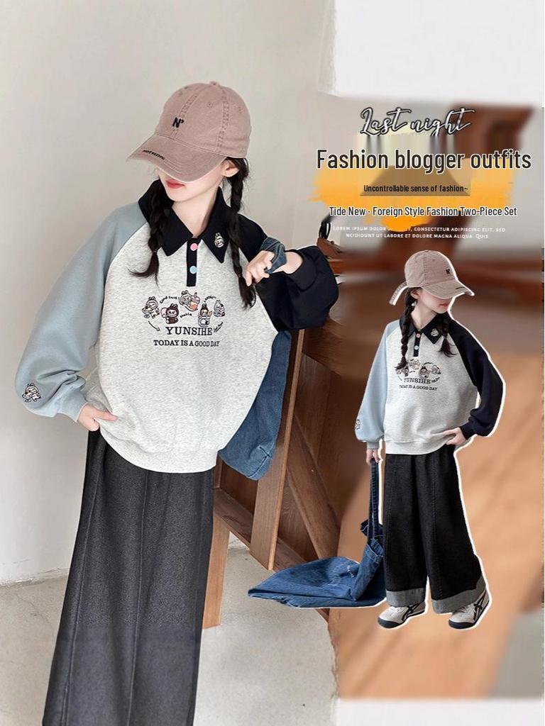 Mädchen 2025 Herbst Polokragen Raglanärmel Sweatshirt - Stilvolles Herbstoberteil für mittlere und große Kinder