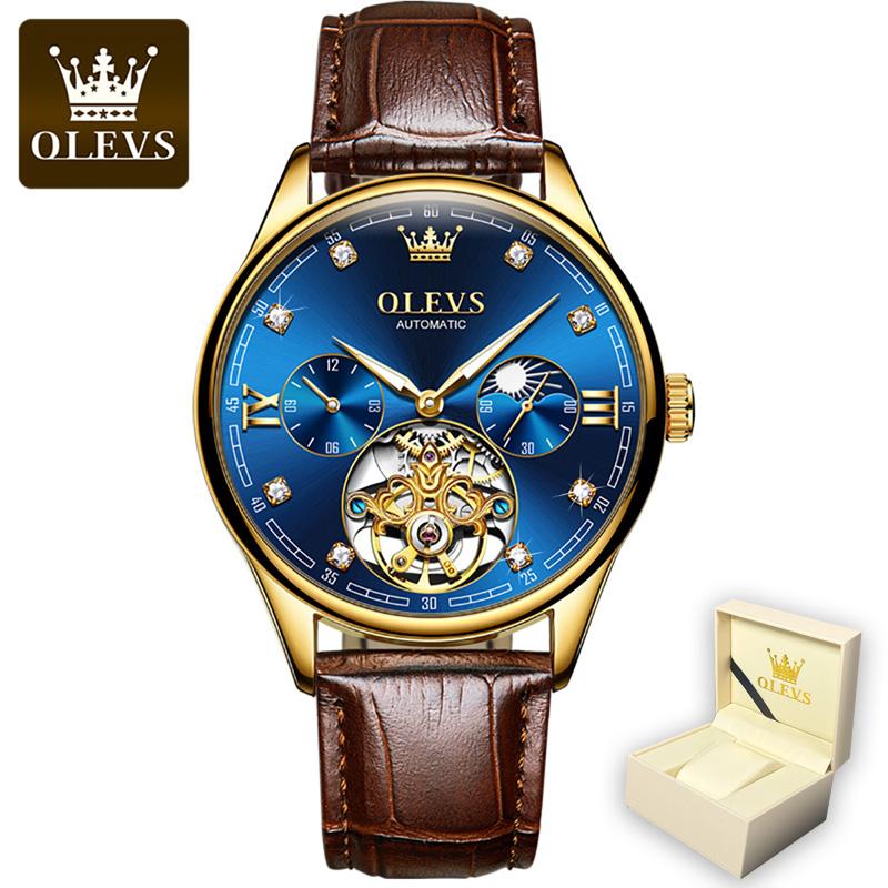 OLEVS 3601 с подарочной коробкой, автоматические механические настольные модные мужские часы с полым маховиком
