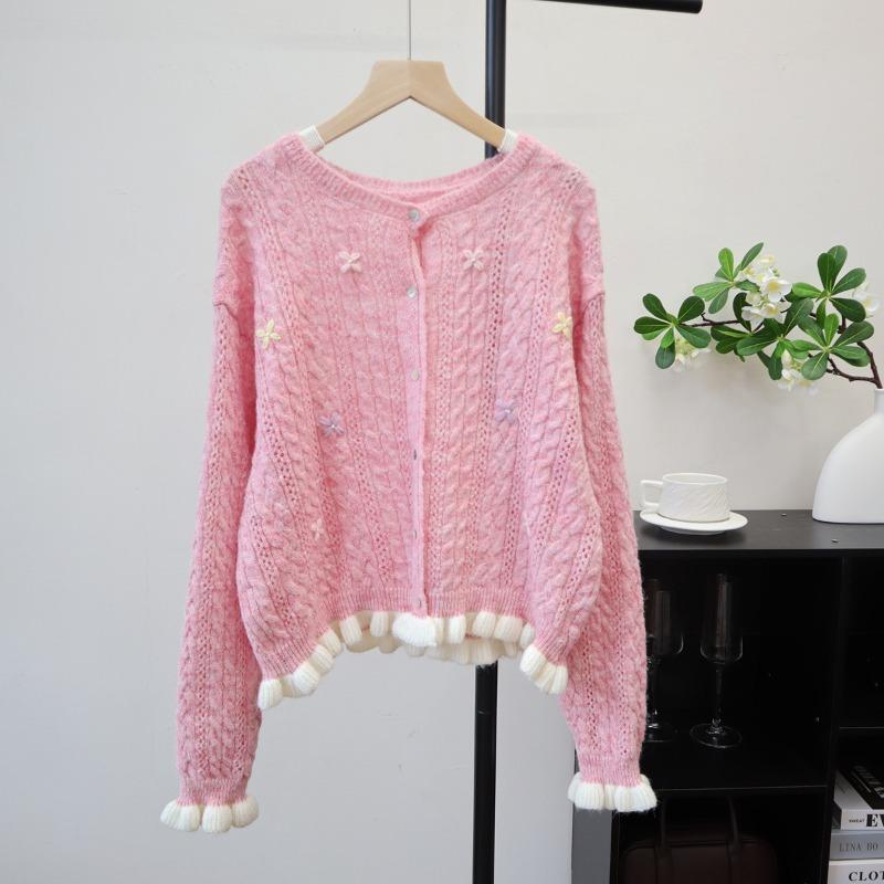 

Осень новый вышитый свободный дизайн с оборками вязаный кардиган мягкий восковой сладкий свитер куртка женская one size fits all розовый