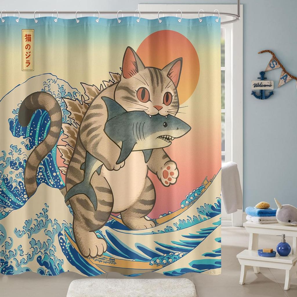 Funny Japanese Cat Shower Curtain Cute Fun Cool Cat Monster Shark Shower Curtains For Bathroom Vintage Ocean Waves Anime Kids