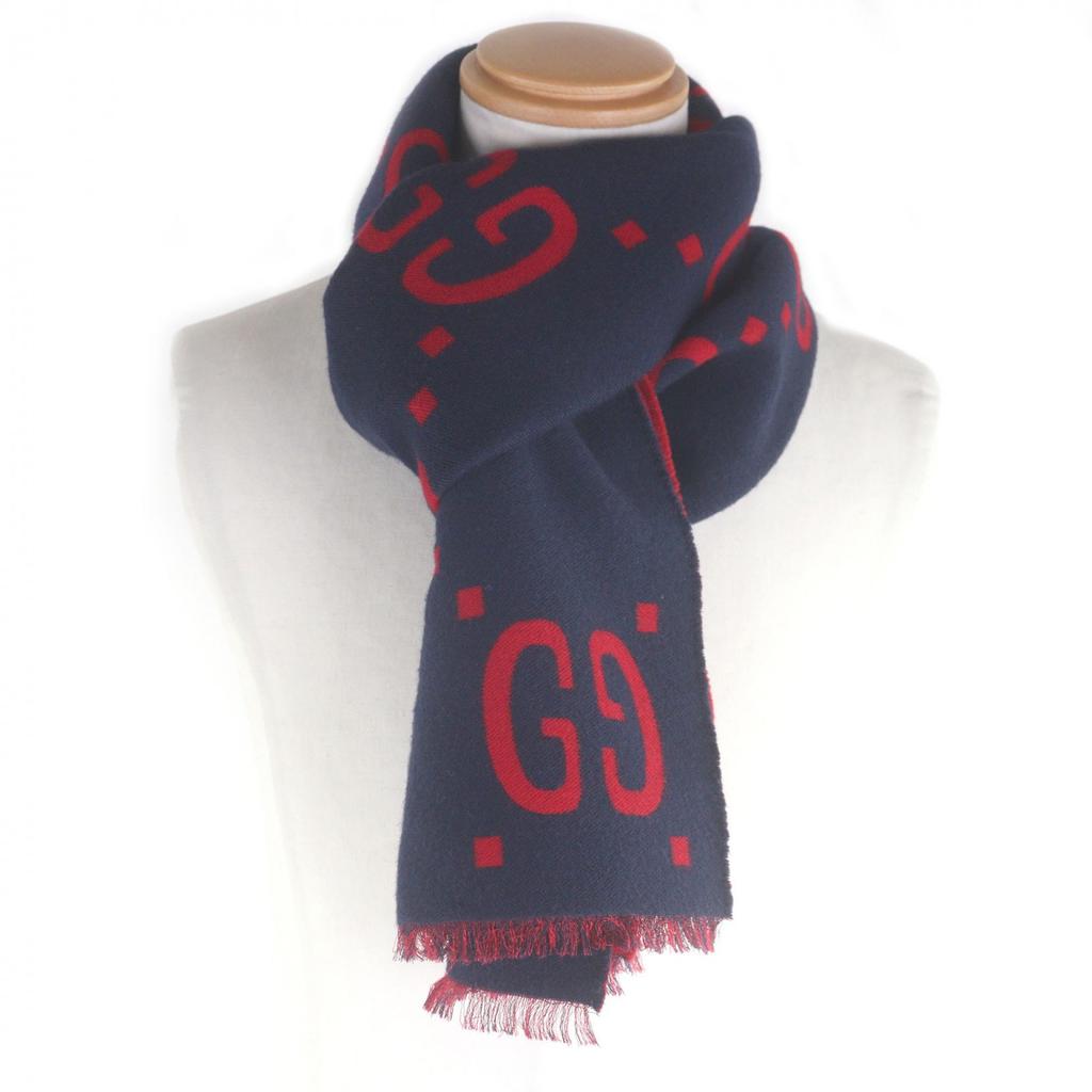 Great GUCCI Scarf Jumbo GG Jacquard Current Model with Fringe Navy Wool Used
