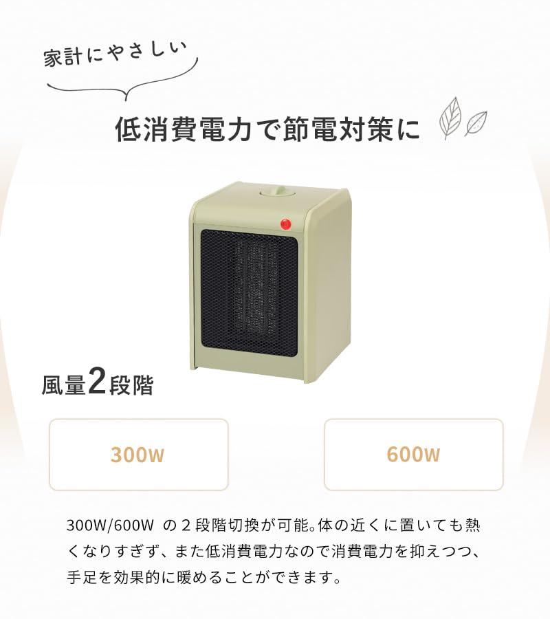 Yours Primes Ceramic Heater YKT-S600E, Small, Lightweight, Compact, 300W/600W Electric Fan Heater (Green)