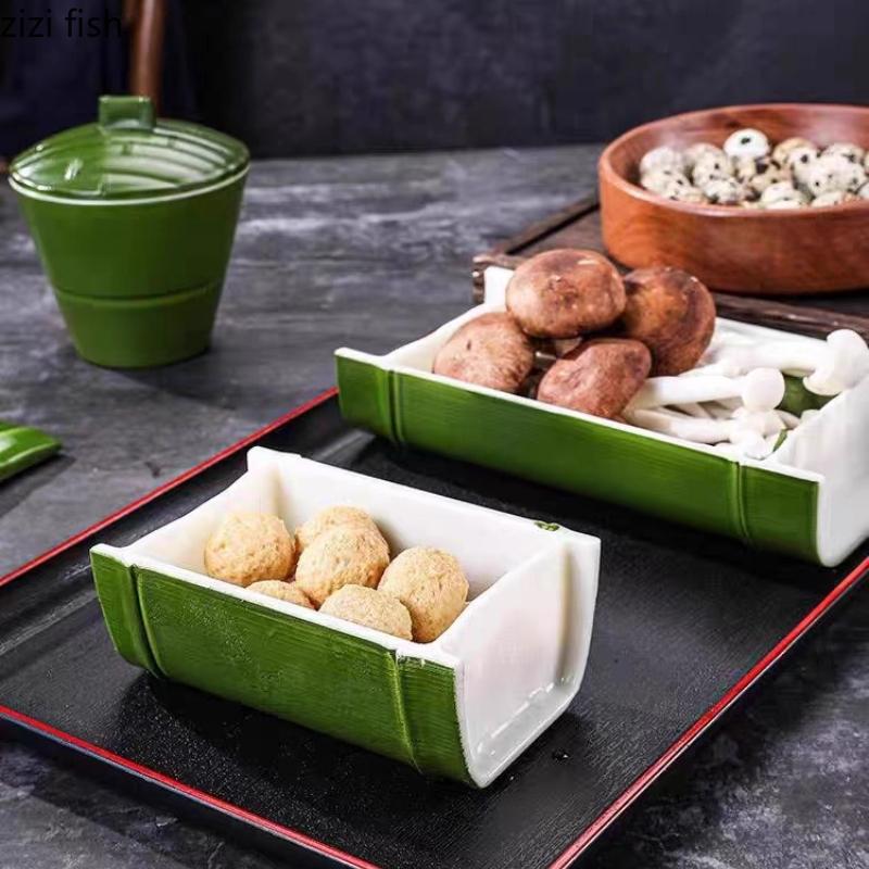 Plastic Imitation Bamboo Dining Plate Bamboo Tube Plate with Lid Green Dessert Plates Dim Sum Dish Serving Plates Fruit Bowl