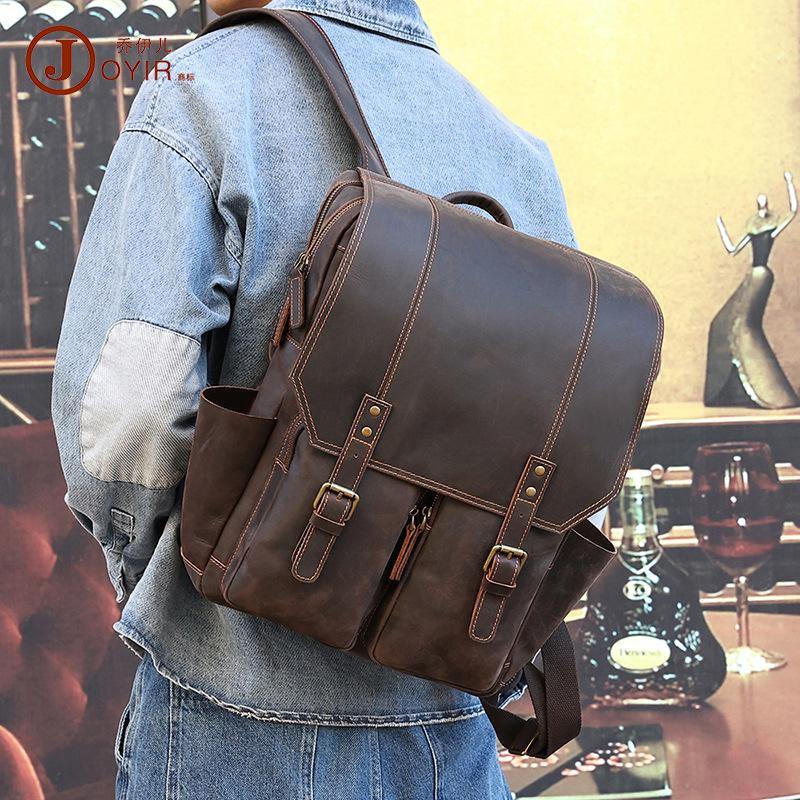 Herren Rucksack Crazy Horse Leder Doppel Schulter Reise Rucksack - Retro Echtes Leder Sportlich Lässig Tasche