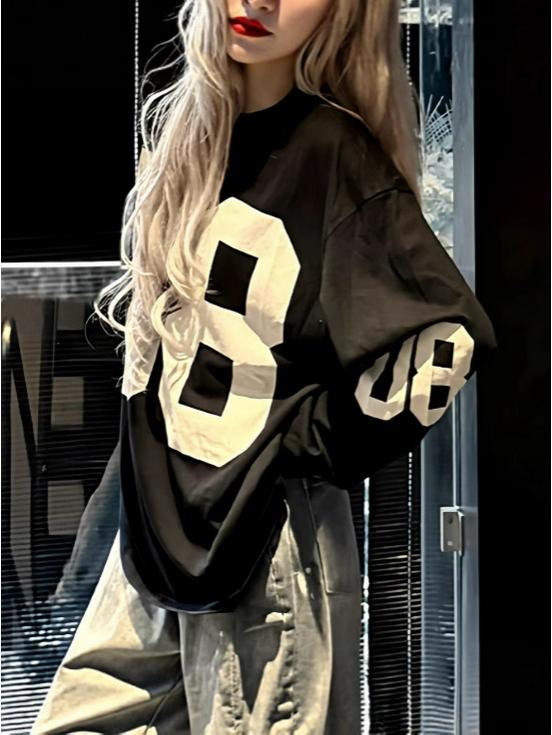 Snowflake Cotton American Style No. 08 Women's Long Sleeve T-shirt - Trendy Autumn/Spring High Street Loose Fit