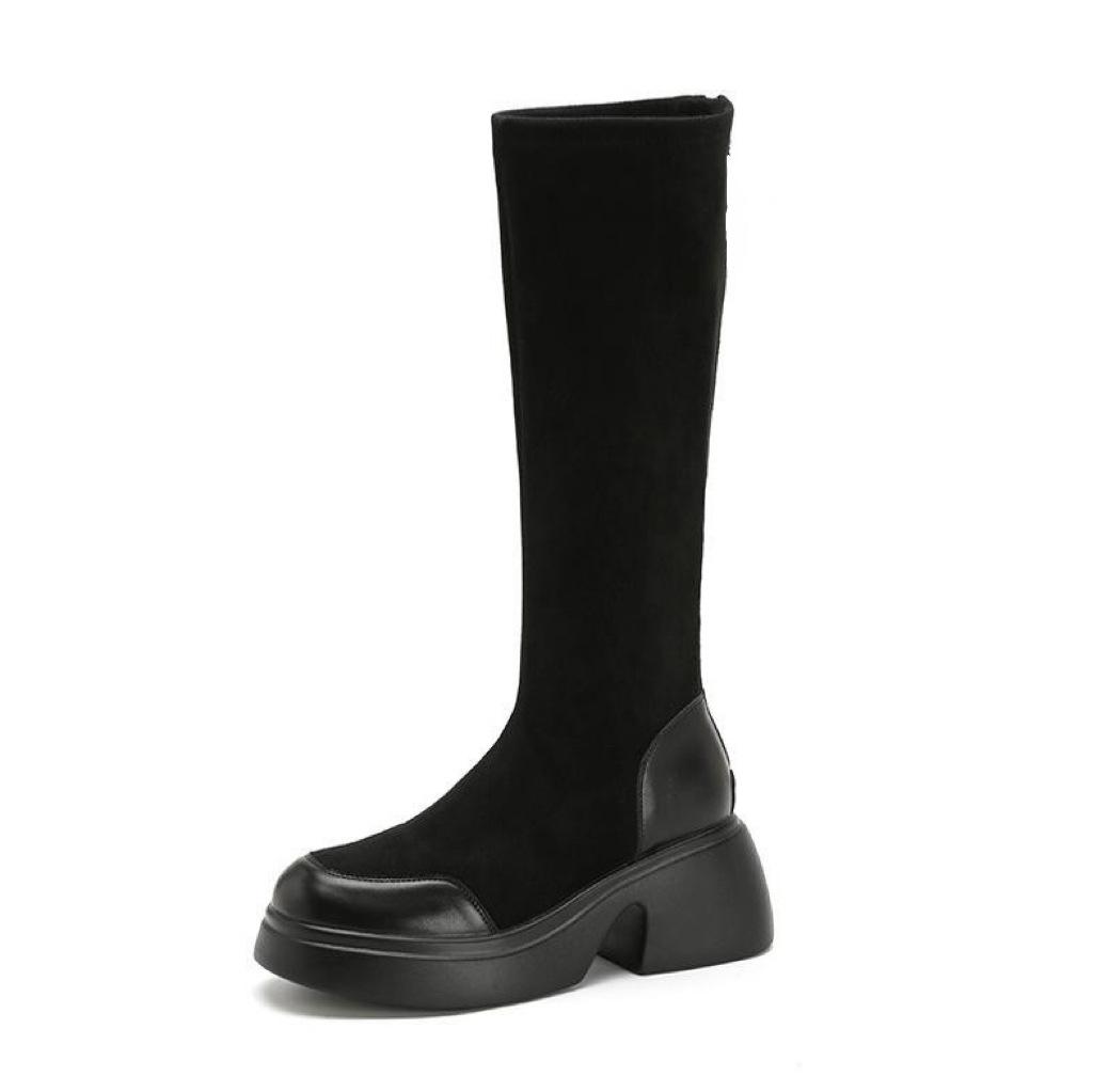 Thick-soled boots Autumn and winter boots Women's small elastic thin boots Thick heel boots Women's high boots