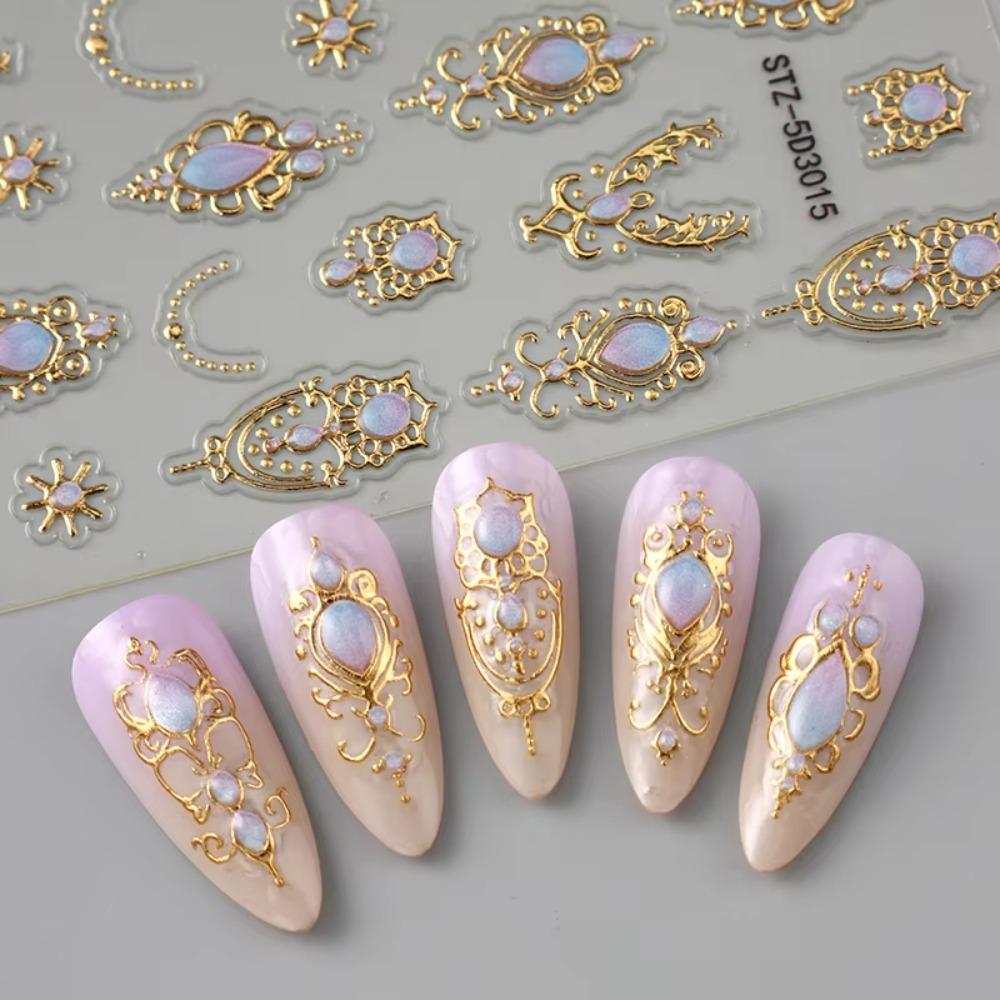 Luxurious 5D Nail Art Stickers Shiny Finish Retro Baroque Scepter Nail Art Decals Crown Necklace Palace Style Nail Decals