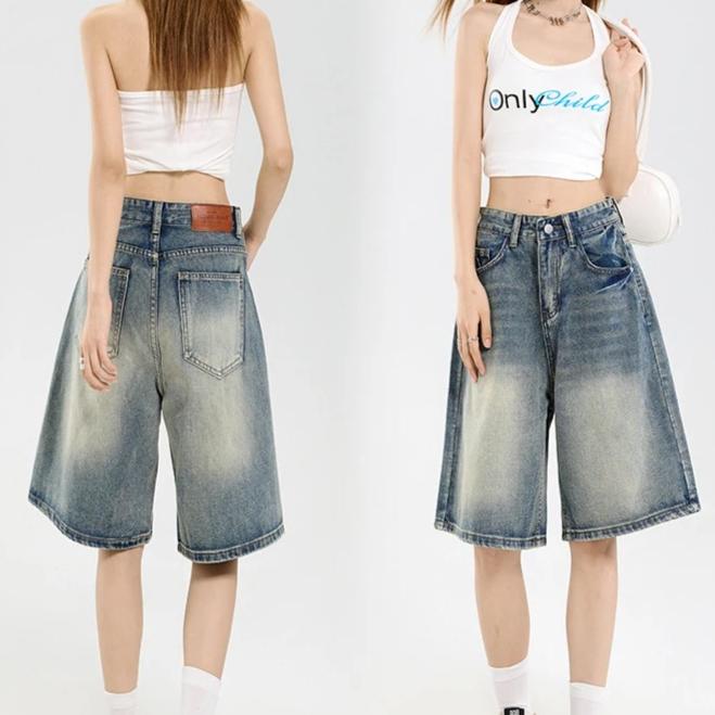 Korean Street Casual Y2K Loose Wide-leg Denim Shorts Five-point Baggy Jeans Women's All-match Straight Summer Hot Shorts