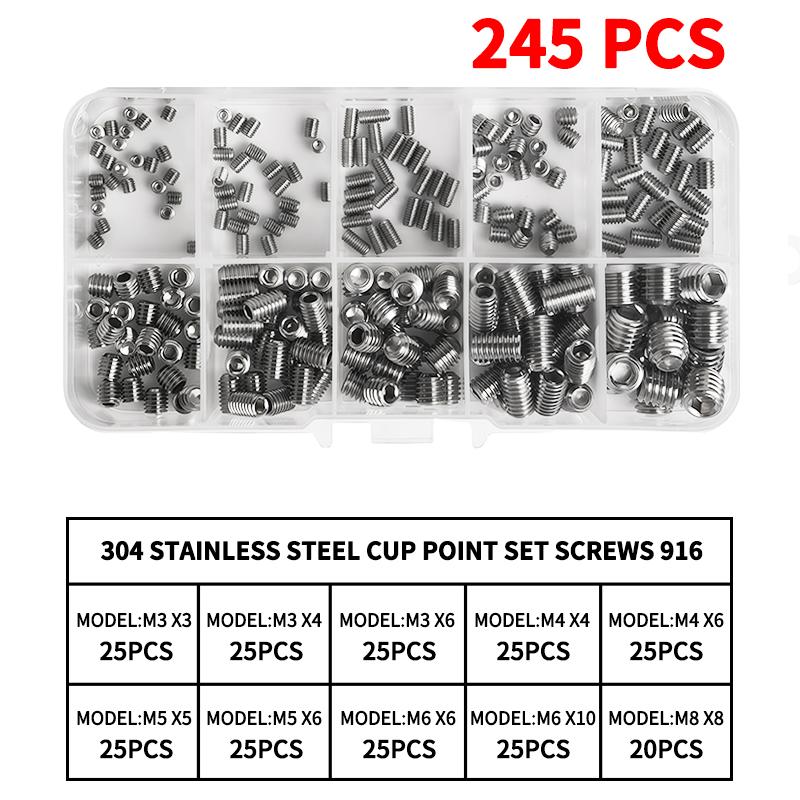 304 Stainless Steel Cup Point Set Screws Kit, Hex Socket Allen Key Grub Screws Assortment , M3 M4 M5 M6 M8 M10 Sizes, DIN 916