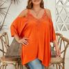 Women Blouse V-Neck 3/4 Sleeves Off Shoulder Straps Pullover Tops Asymmetric Lace Splicing Pure Color Mid-length Summer Tops