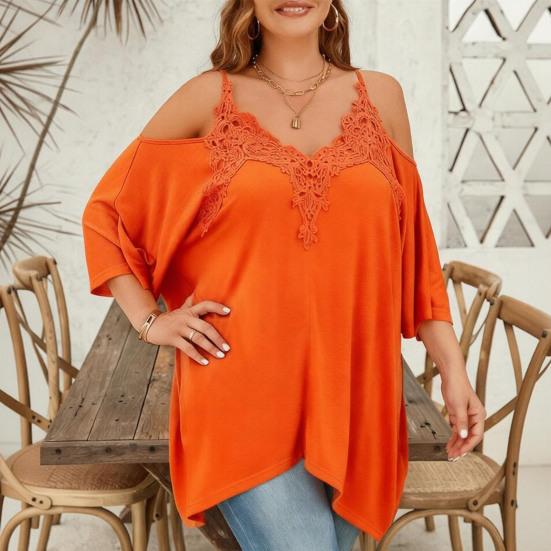 Women Blouse V-Neck 3/4 Sleeves Off Shoulder Straps Pullover Tops Asymmetric Lace Splicing Pure Color Mid-length Summer Tops