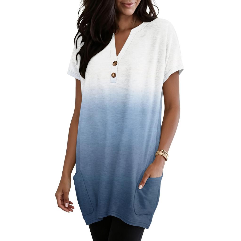 Women's V-Neck Gradient Print Short Sleeve Blouse with Pocket - Casual Pullover Top for Everyday Wear