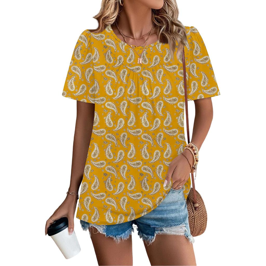 Women's Casual Fashion Round Neck Floral Printed Pleated Short Sleeve T-shirt Top