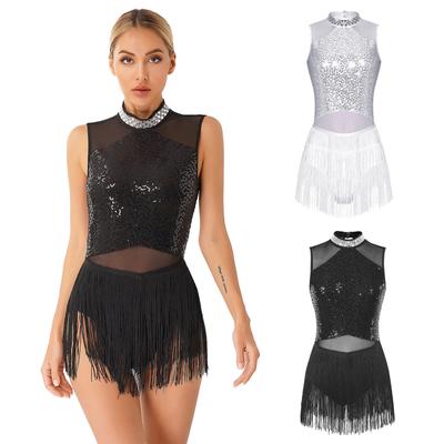 Frauen Latin Dance Kleid Mesh Splice Ärmellose Fransen Salsa Cha-Cha Rumba Ballsaal Kostüm Ganzanzug Bühne Leistung Tragen