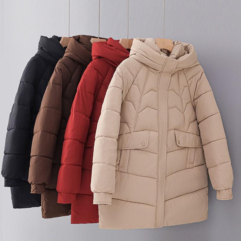 Womens Hooded Mid-Length Cotton Puffer Coat Loose Fit Removable Hood Casual Winter Jacket Black Red Coffee Khaki