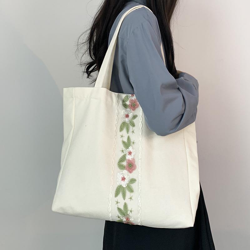 Embroidery Canvas Bag Women Shoulder Simple Travel Yoga Large Capacity Bag