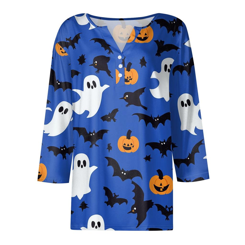 Women's Casual Fashion V-neck Loose Versatile Halloween Print Three-quarter Sleeve Top