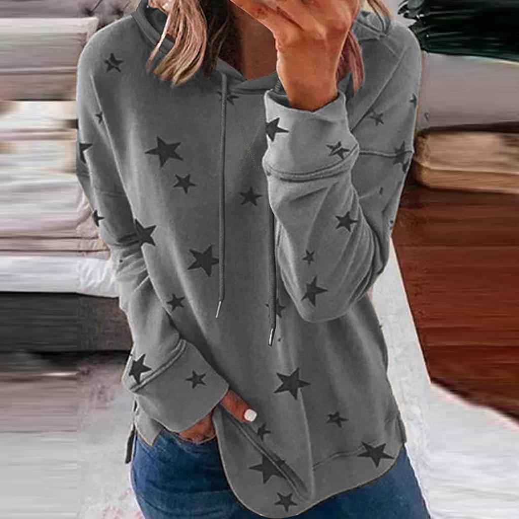 Women Fashion Hooded Star Print Patchwork Long Sleeves Tops Blouse Sweatshirt