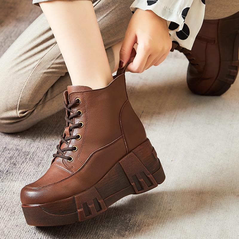 Fashion GKTINOO  Fashion Retro Women Platform Boots Autumn Round Toe Genuine Leather Wedge Heel Ankle Boots Women Handmade Casual Shoes