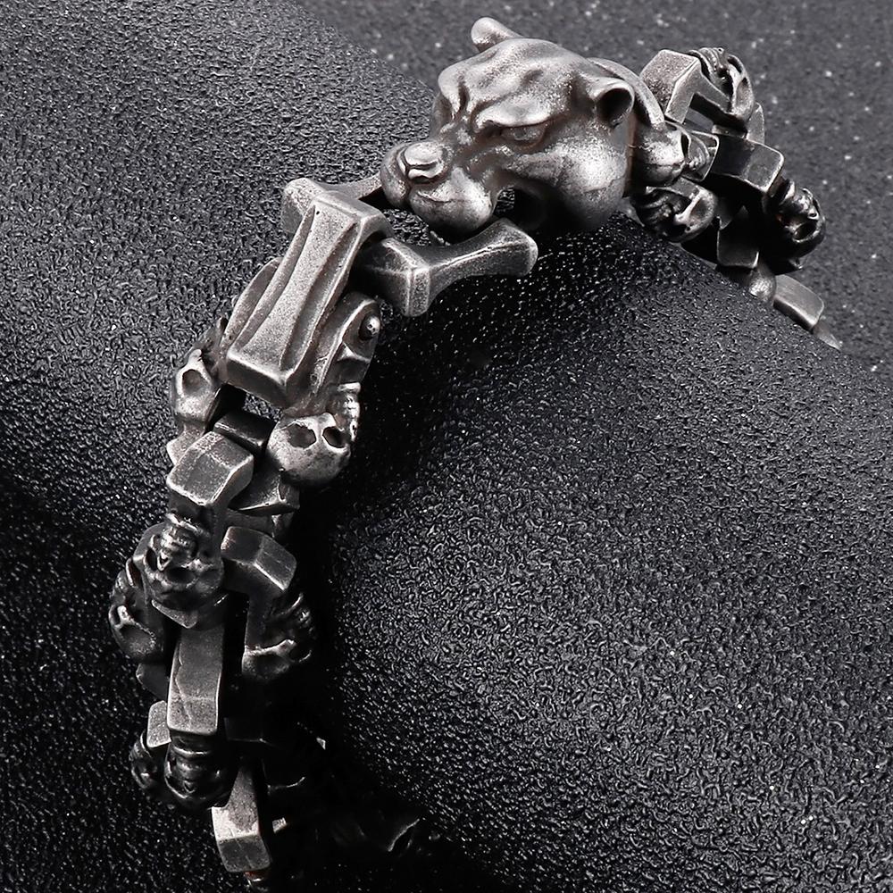 Punk Leopard Head Man Bracelet for Men Stainless Steel 18MM Widith Skull Link Men's Bracelets Halloween BikerGothic Jewelry 24CM
