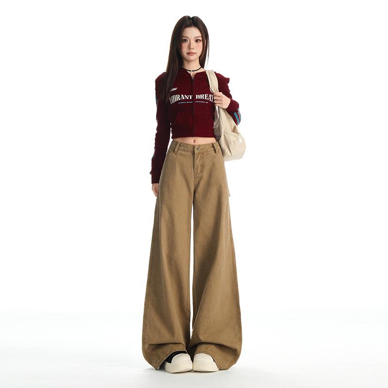 American khaki overalls women's autumn new multi-pocket retro casual wide-leg loose straight slightly pulled jeans
