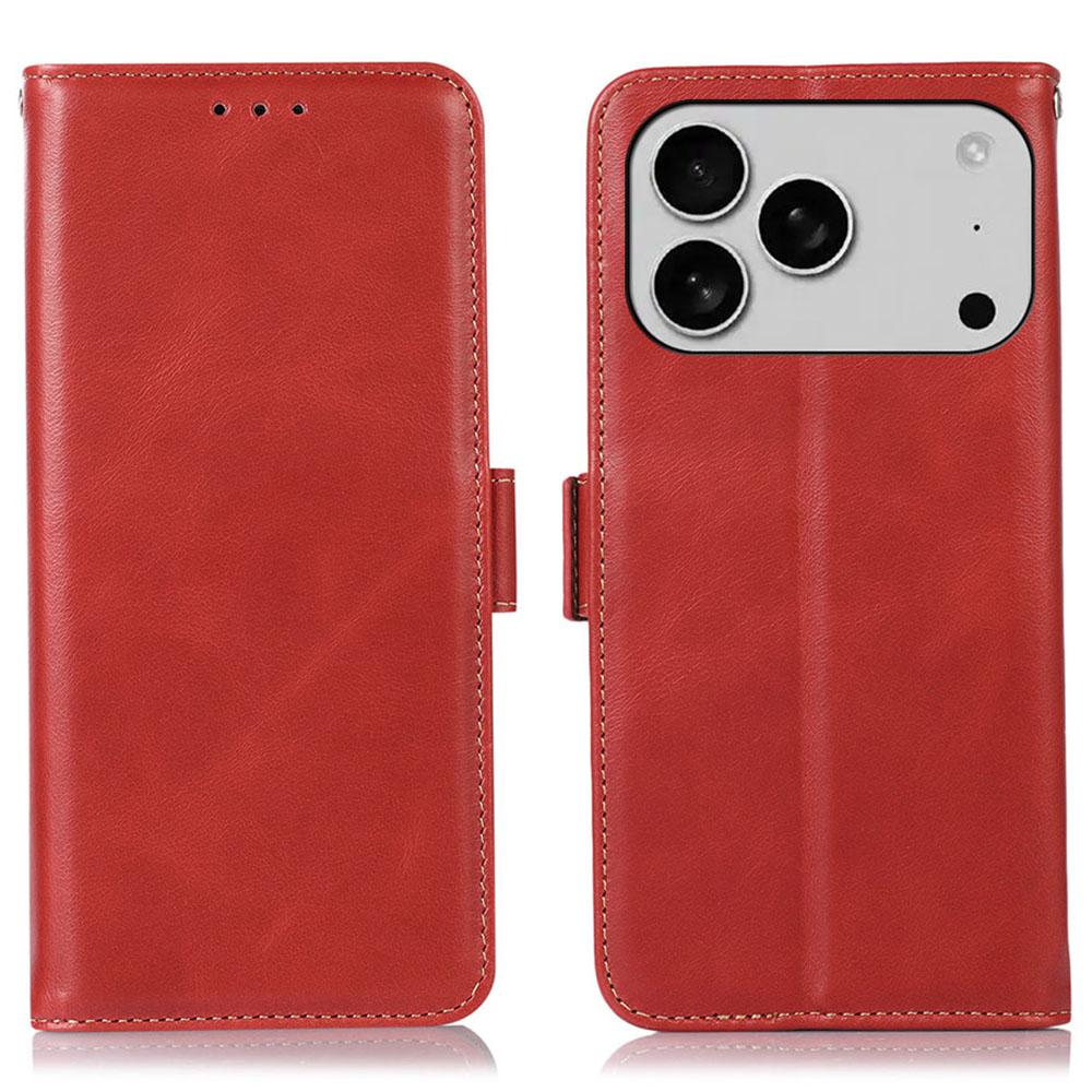 

For iPhone 17 Pro Case RFID Blocking Genuine Cow Leather Wallet Phone Cover Red