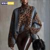 Nuevo Suéter de Punto de Estilo Perezoso Primavera 2026 con Estampado de Leopardo, Holgado, Retro, Empalmado para Mujer