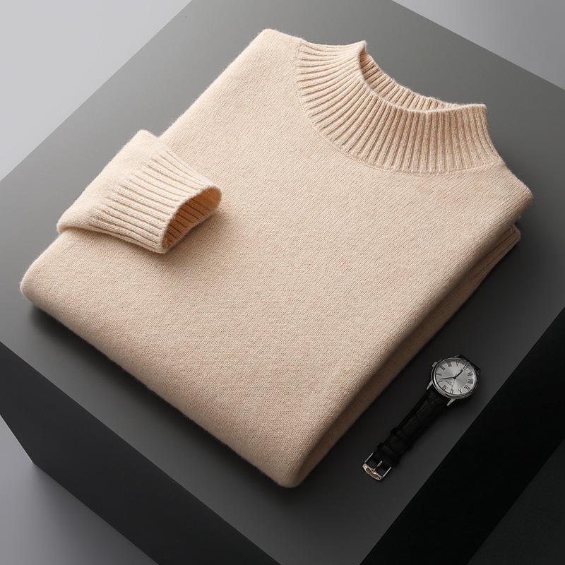100% Pure Wool Men's Thick Half-High Collar Sweater, Business Fashion Knit Plus Size Sweater.
