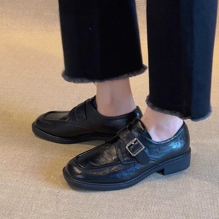 Schafsleder-Version~ Quadratische Gürtelschnalle kleine Lederschuhe Damen 2025 dicker Absatz Mode-Loafer faul vielseitig einzelne Schuhe