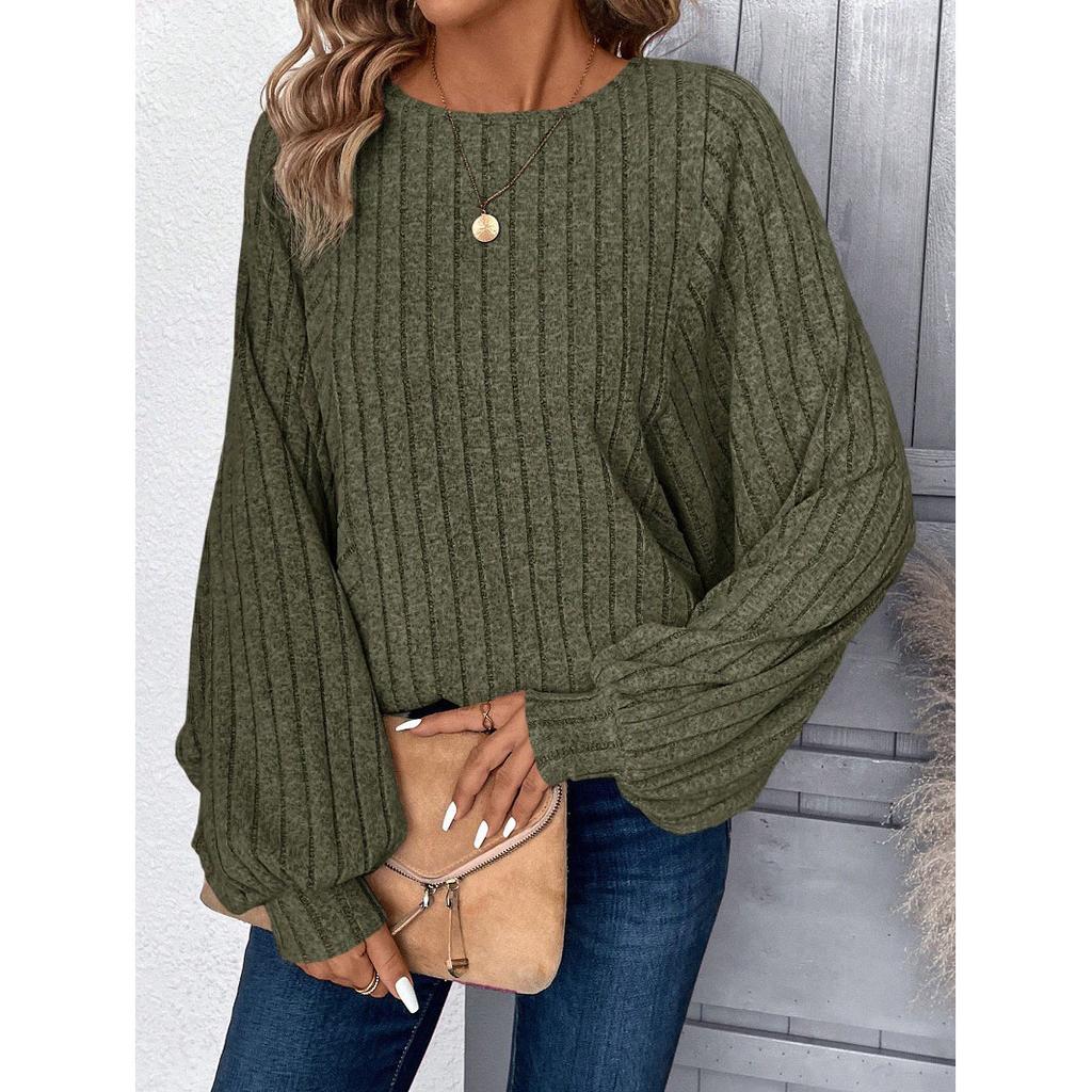 Autumn and Winter Fashion Women's Plus Size Comfortable Sweater Pullover Women's Casual Solid Color Lantern Sleeve Top