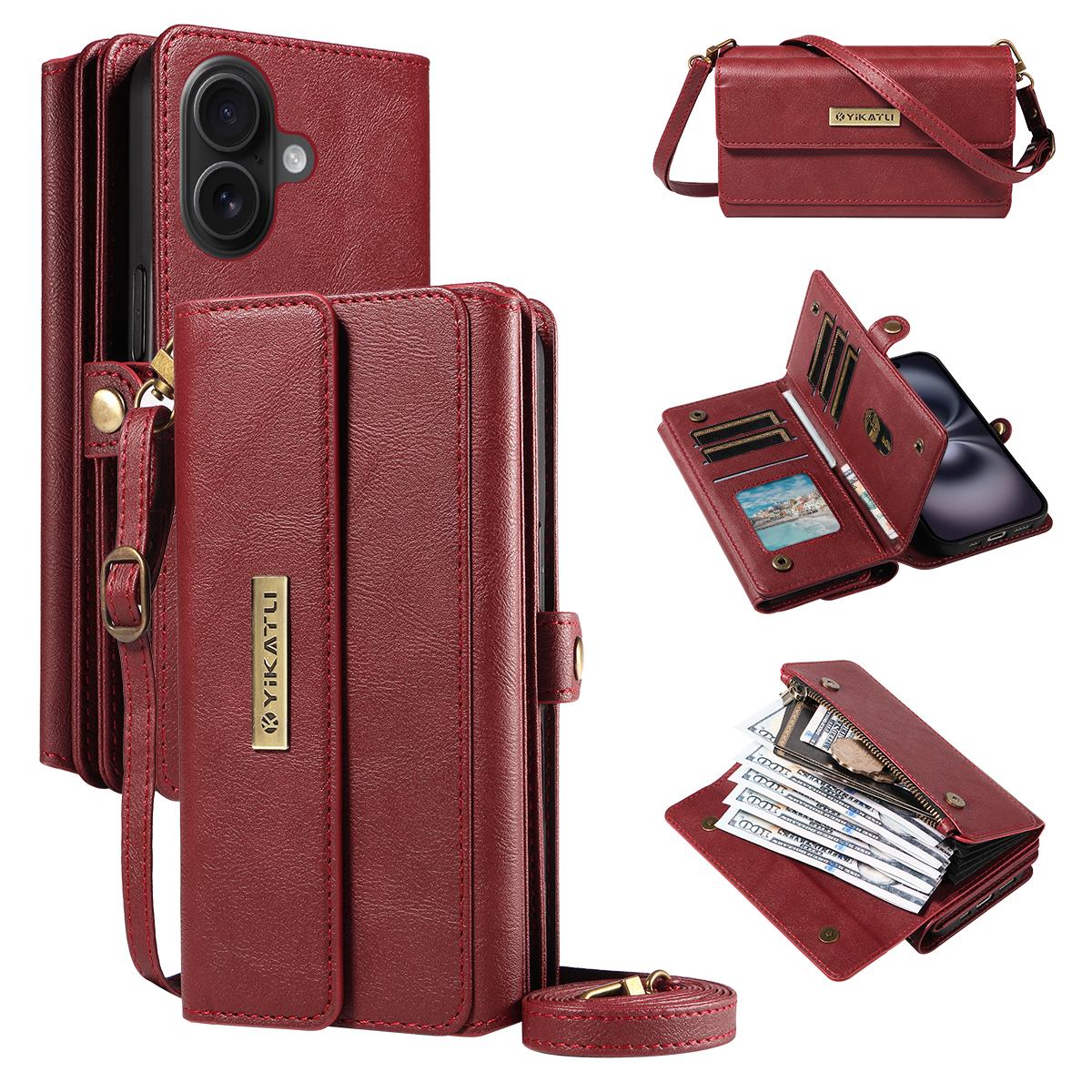 

For iPhone 16 Plus Case YIKATU YK-008 Zipper Wallet Leather Phone Cover with Shoulder Strap Red