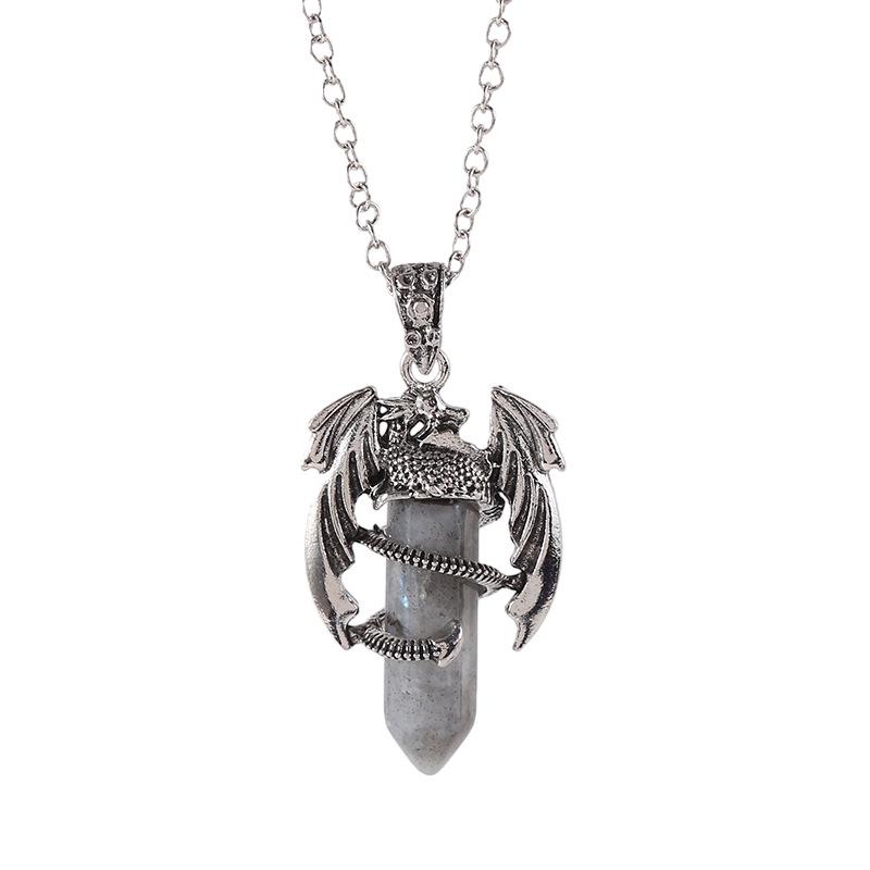 Vintage Flying Dragon Pendant Necklace with Amethyst, Rose Quartz, and Tiger Eye Gems