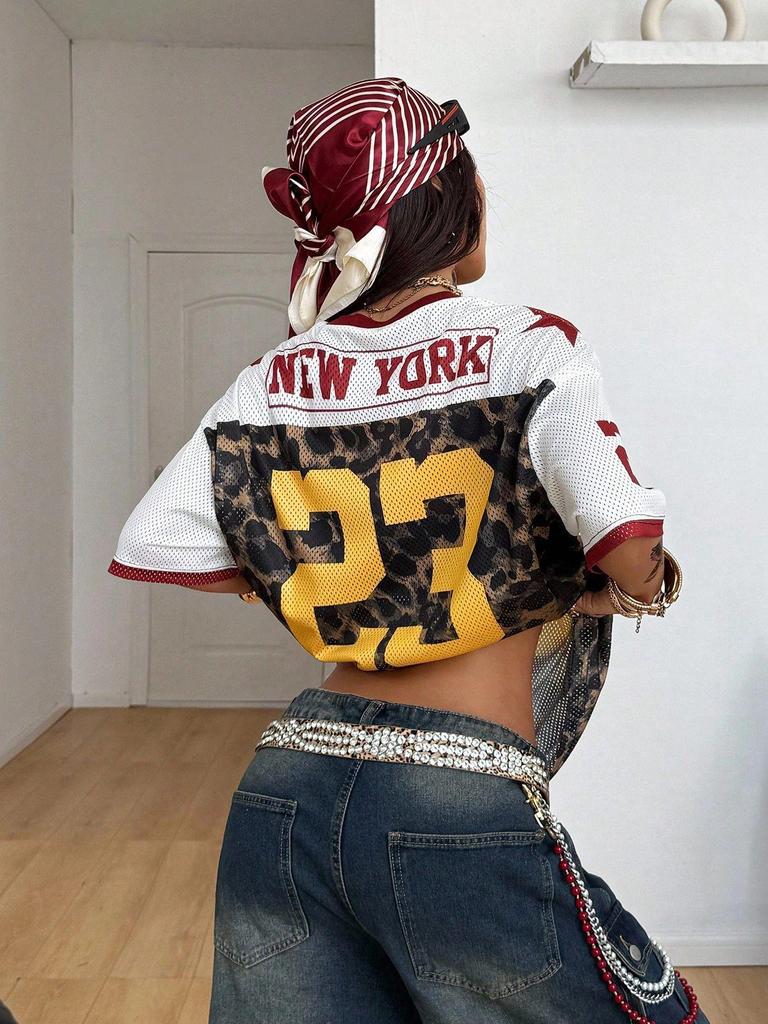 Camiseta Retro de Manga Corta con Cuello en V y Estampado de Leopardo para Mujer
