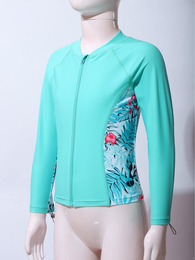 Mergaičių UPF 50+ maudymosi marškiniai ilgomis rankovėmis su užtrauktuku, apsauginis nuo saulės topas, maudymosi drabužiai baseinui, paplūdimiui