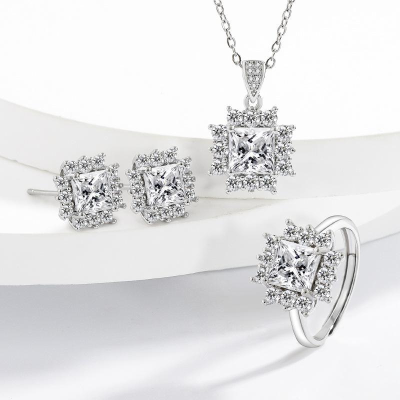 2026 Square Diamond-set Geometric Temperament High-end Earrings Necklace Ring Set Exquisite Women s Jewelry 45CM