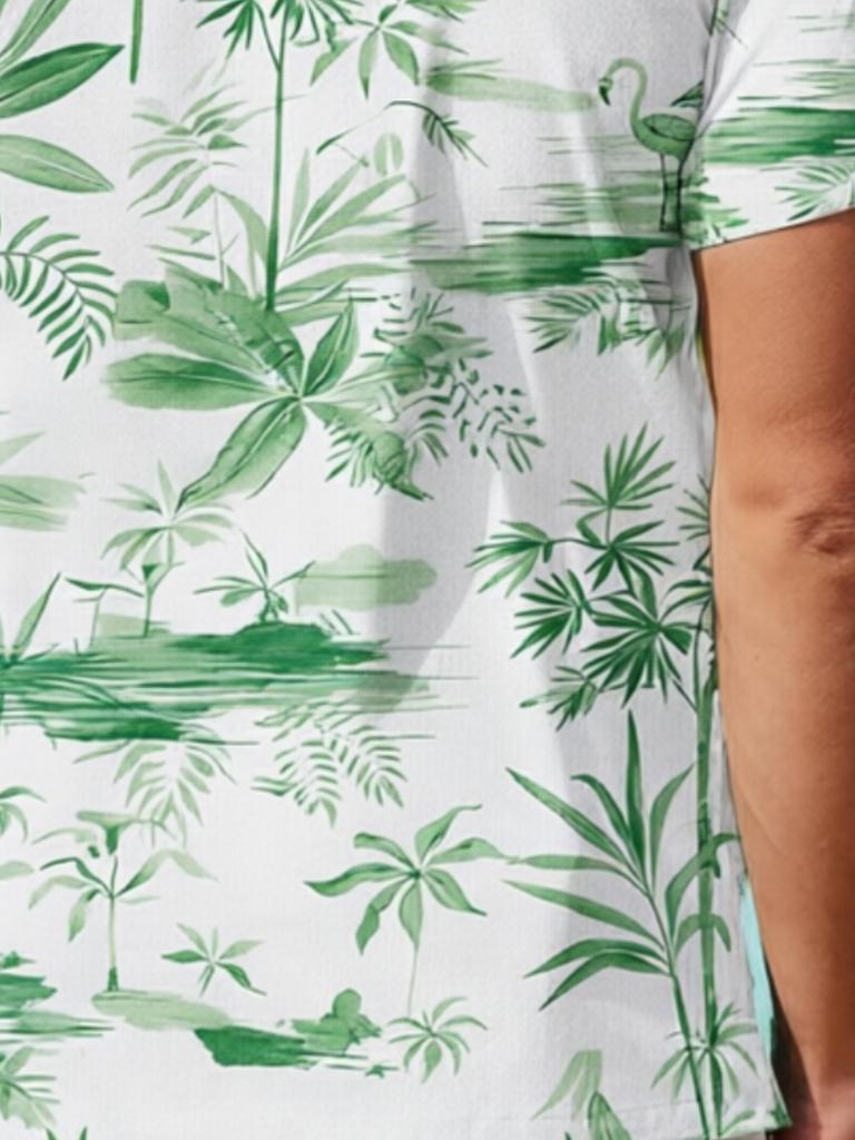 Digital Print - Men'S Short Sleeve Shirt 2026 New Style, Fashionable Trendy Short Sleeve Top, Blue And White Tropical Plant Pattern, Stylish And