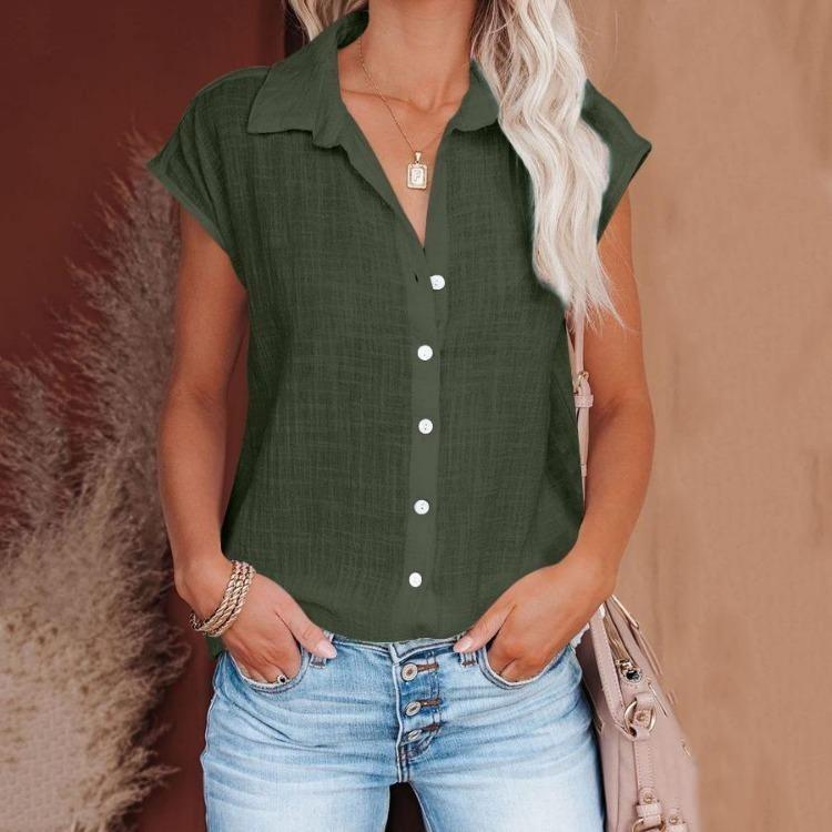 Women Casual Short Sleeve Shirt Summer Solid Color Lapel Top Single Breasted Blouse