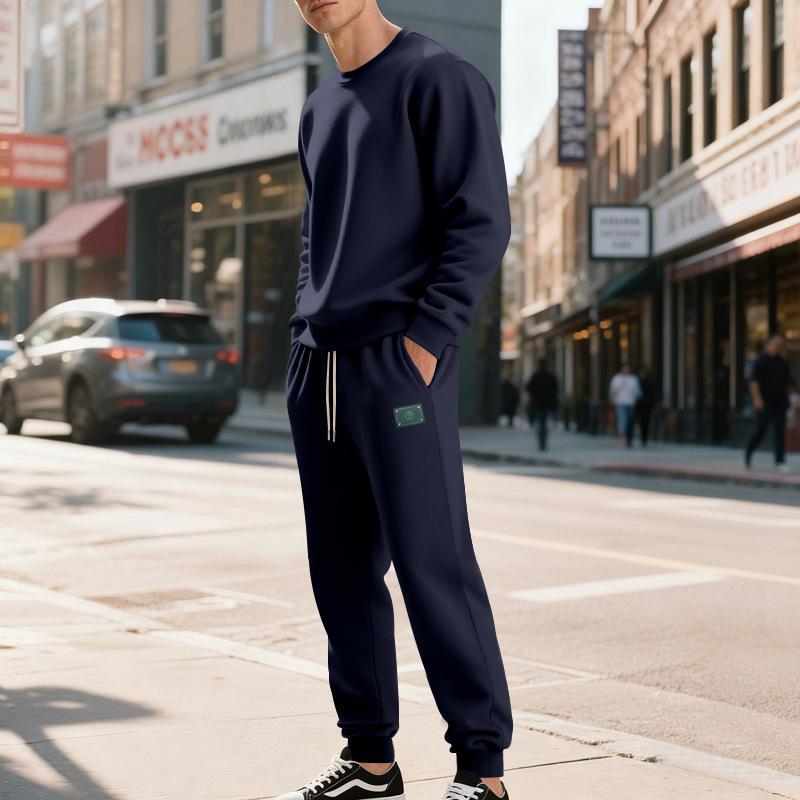 Herren-Sweatshirt und Hosen-Set im amerikanischen Stil für Herbst/Winter, locker geschnitten, thermisch gefüttert mit Fleece, minimalistisch, lässig, mit Rundhalsausschnitt