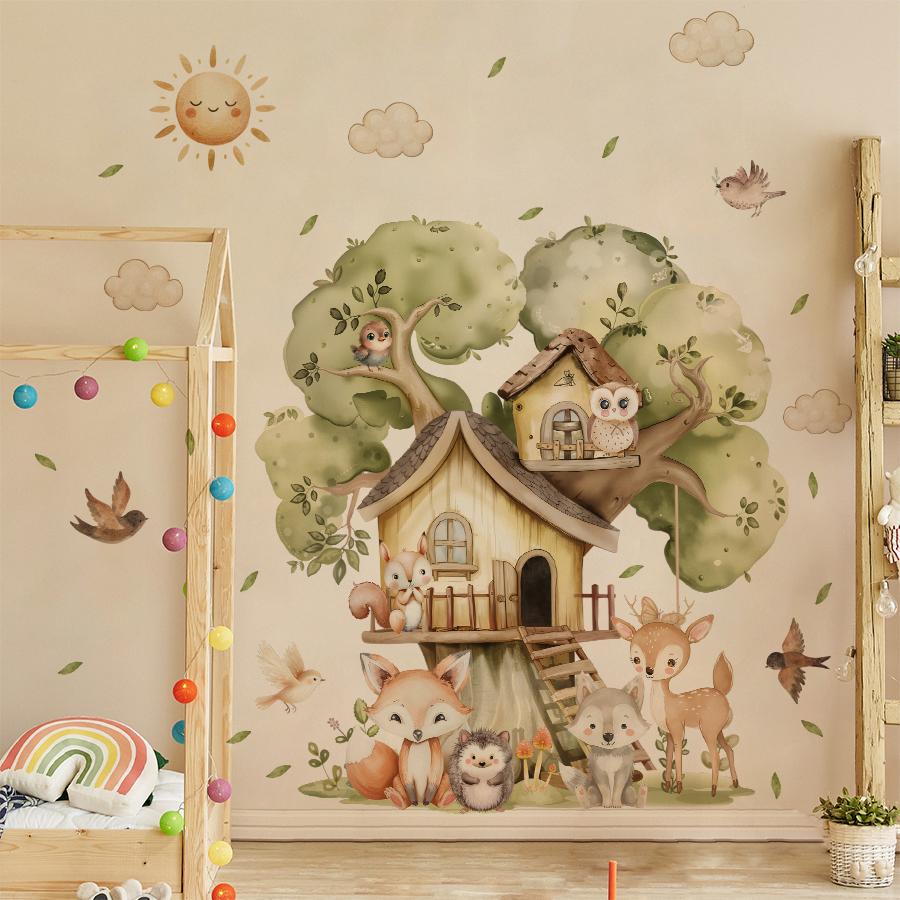 Woodland Animals Tree House Wall Decals Cute Owl Fox Deer Squirrel Hedgehog Vinyl Stickers Removable Nursery Room Decor For Kid